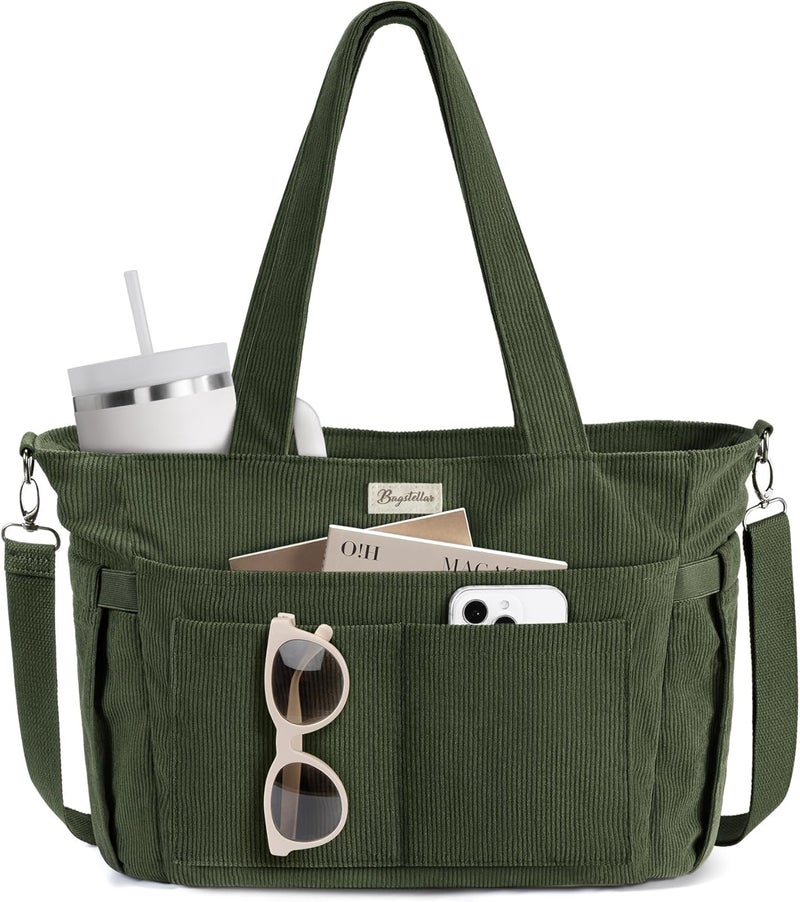 Bagstellar Corduroy Tote Bag for Women, 17 Pockets Laptop Work Tote Bag Lightweight Teacher Nurse Bible Bag for School Travel | with 40oz Cup Holder, Multi Compartment, Zipper Crossbody Bag, College Shoulder Bag, Daily Purse w/ Strap, Ideal Gift for Women - Image 1